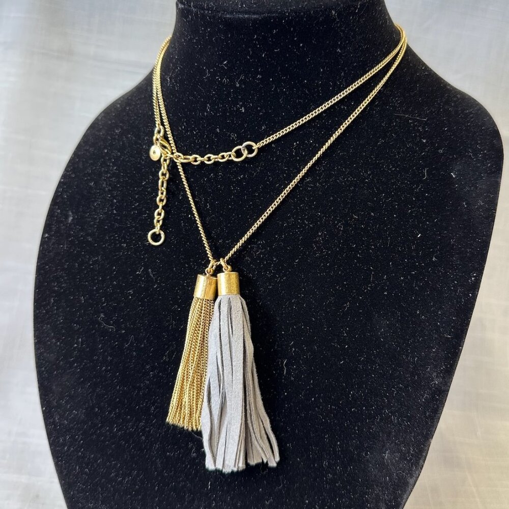 J. Crew Gray Leather and Gold Tone Double Tassel Necklace